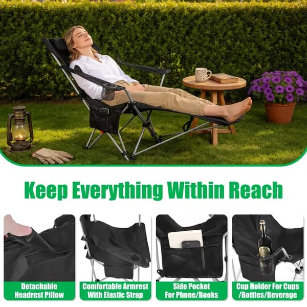 Reclining Camping Chair with Footrest & Cup Holder
